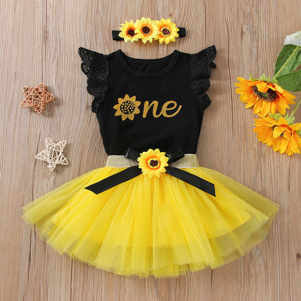 Wholesale Baby Little Chrysanthemum Black Bow Gauze Dress Three-piece set